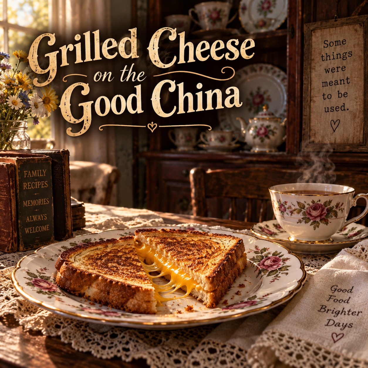 Grilled Cheese on the Good China cover